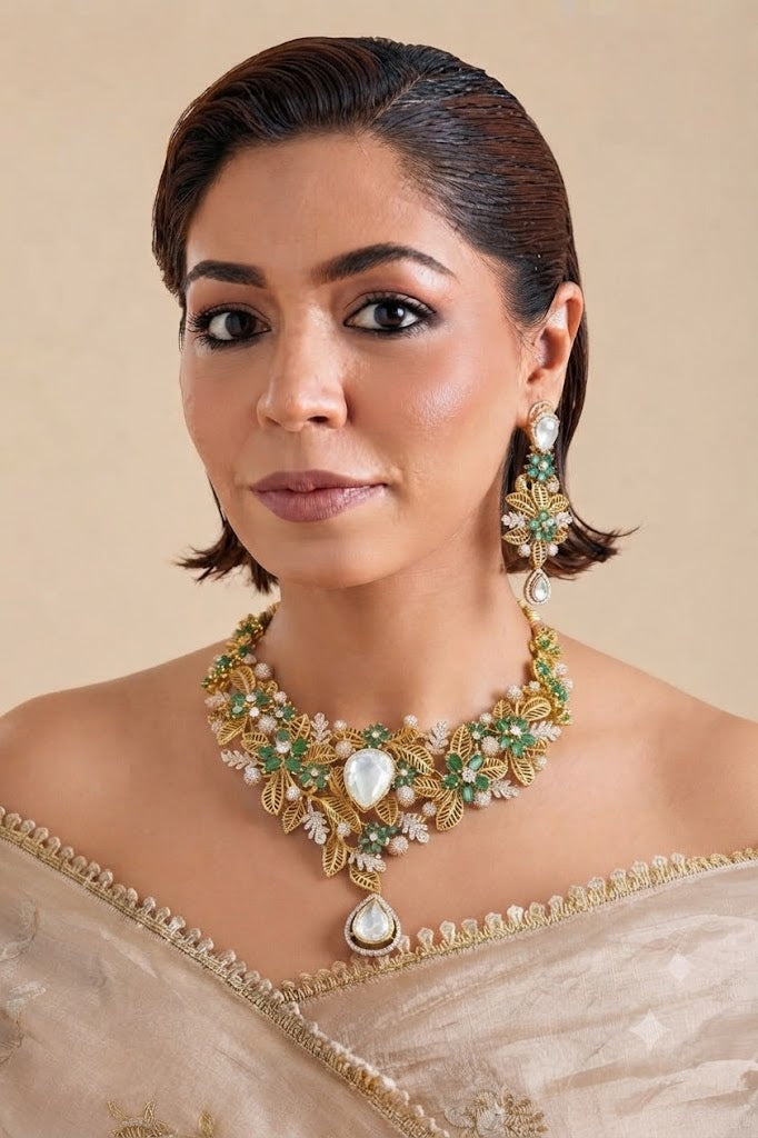 Green Stone Floral Gold-Tone Designer Necklace with Pearl Drop