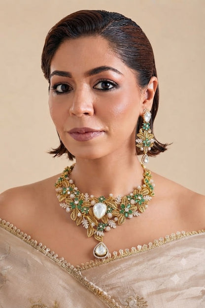 Green Stone Floral Gold-Tone Designer Necklace with Pearl Drop