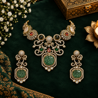 Antique gold Victorian American diamond necklace set with mint green carved centre stone, zircon pavé scrollwork and matching long drop earrings