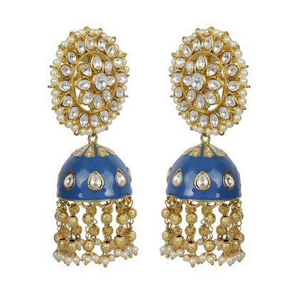 Blue Enamel Kundan Jhumka Earrings - Auraa Trends - Jhumka - # - Auraa Trends - Blue Enamel Kundan Jhumka Earrings