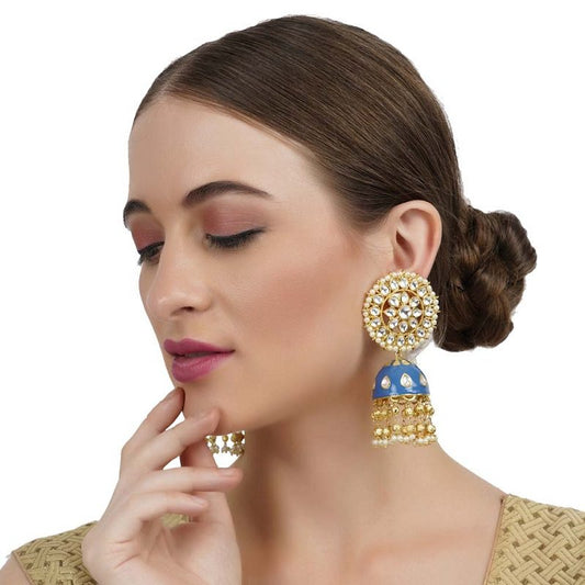 Blue Enamel Kundan Jhumka Earrings - Auraa Trends - Jhumka - # - Auraa Trends - Blue Enamel Kundan Jhumka Earrings