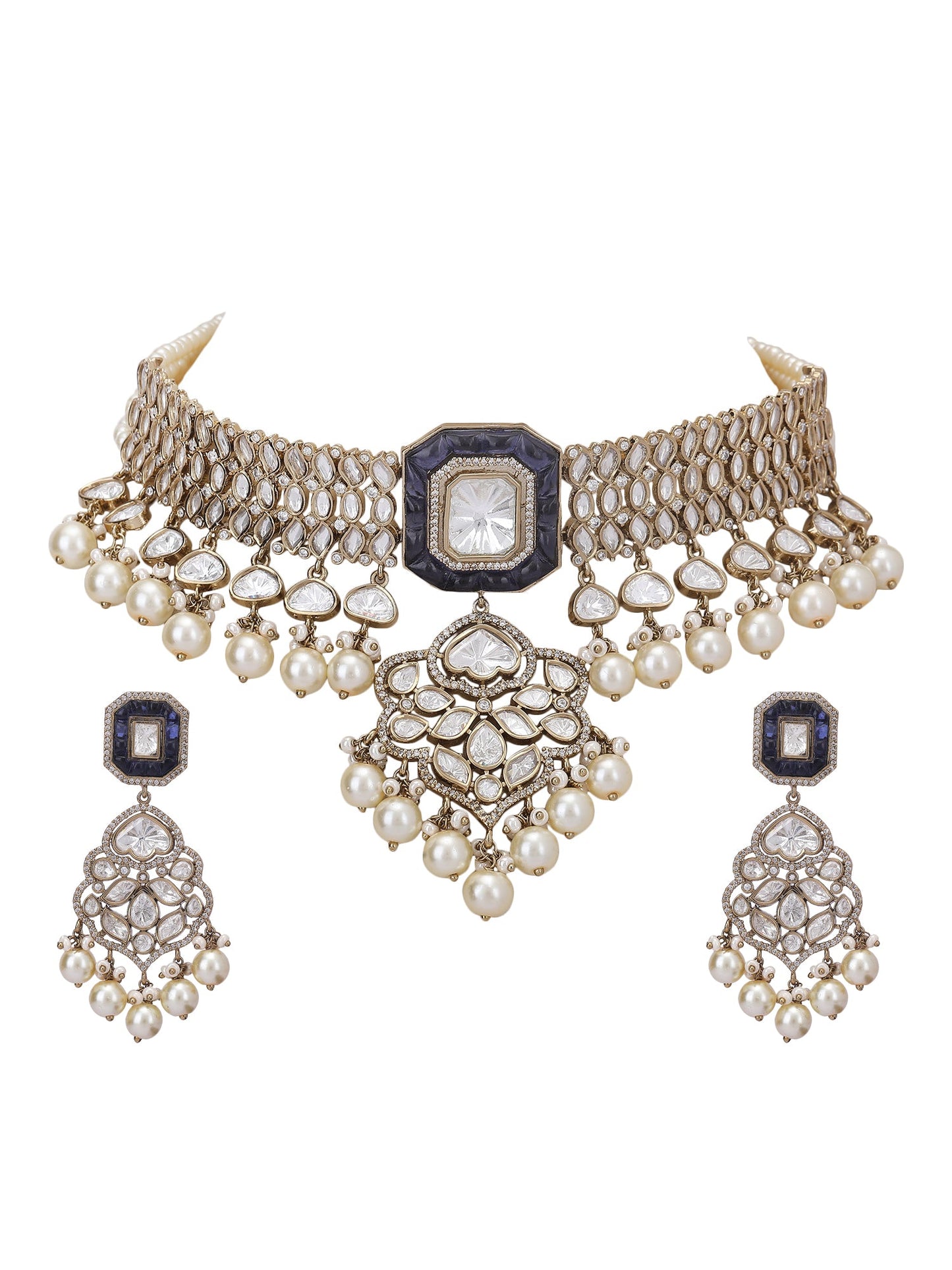 Bridal Choker Necklace Set With Jades & Pearl Drops - Auraa Trends - Choker - Bridal Choker Necklace Set With Jades & Pearl
