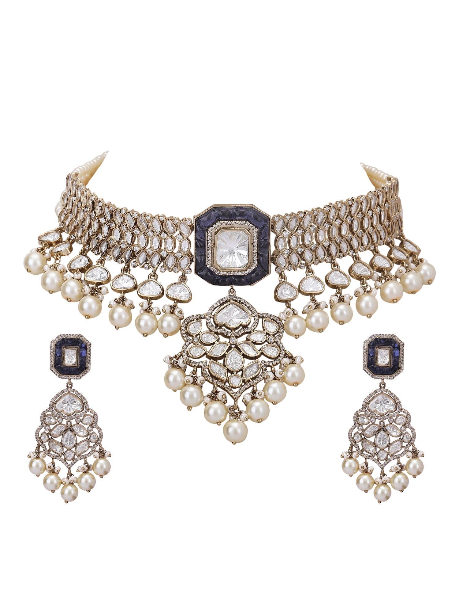 Bridal Choker Necklace Set With Jades & Pearl Drops - Auraa Trends - Choker - Bridal Choker Necklace Set With Jades & Pearl