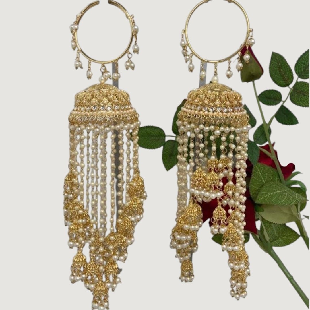 Bridal Gold - Plated Pearl Kaleere with Dome Design & Dangling Beads - Auraa Trends - Kaleere -  - Auraa Trends - "Gold - plated bridal kaleere with pearl strings and dome design for Punjabi wedding jewellery"