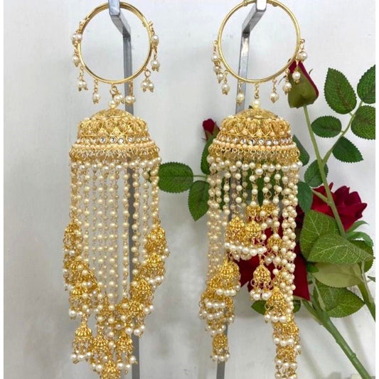 Bridal Gold - Plated Pearl Kaleere with Dome Design & Dangling Beads - Auraa Trends - Kaleere -  - Auraa Trends - "Gold - plated bridal kaleere with pearl strings and dome design for Punjabi wedding jewellery"