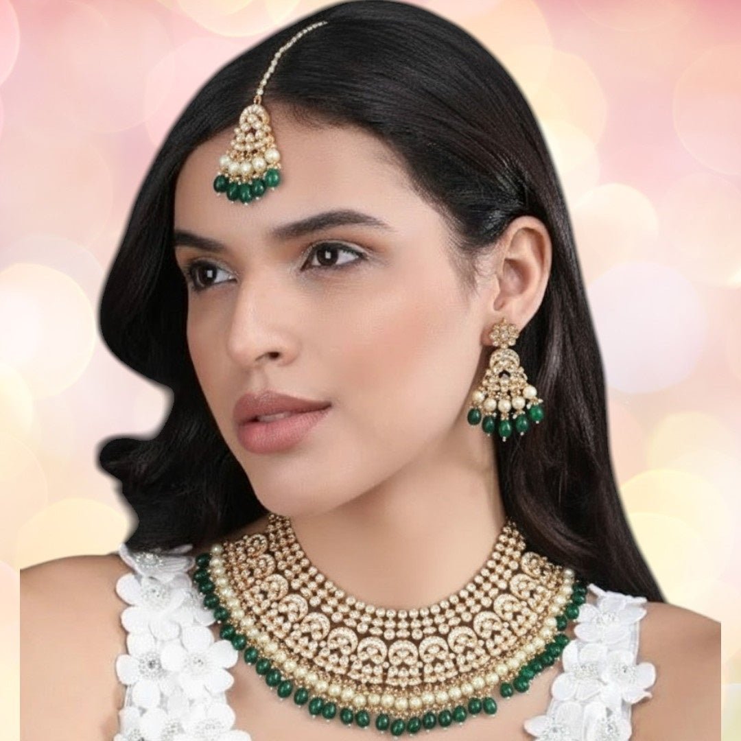 Bridal Kundan Choker Necklace Set with Green Beads & Pearls - Auraa Trends - Necklace Set -  - Auraa Trends - "Traditional bridal kundan choker necklace set with green beads, pearls, and matching earrings and maang tikka