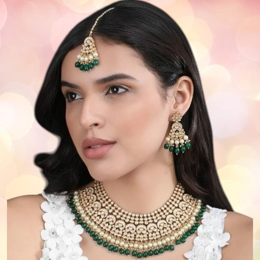 Bridal Kundan Choker Necklace Set with Green Beads & Pearls - Auraa Trends - Necklace Set -  - Auraa Trends - "Traditional bridal kundan choker necklace set with green beads, pearls, and matching earrings and maang tikka
