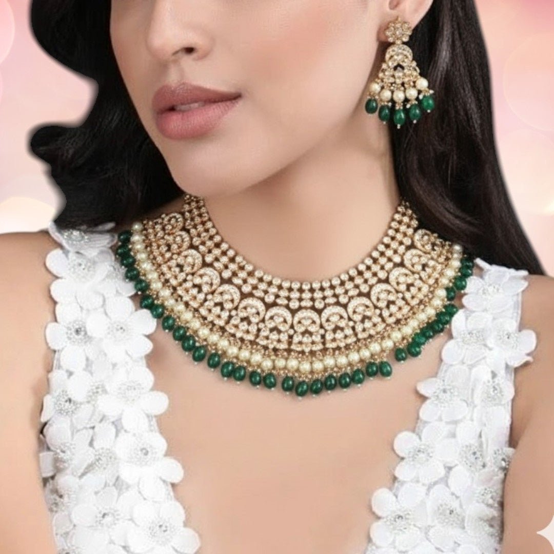 Bridal Kundan Choker Necklace Set with Green Beads & Pearls - Auraa Trends - Necklace Set -  - Auraa Trends - "Traditional bridal kundan choker necklace set with green beads, pearls, and matching earrings and maang tikka