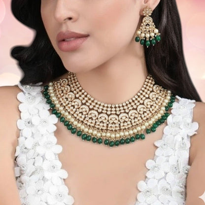 Bridal Kundan Choker Necklace Set with Green Beads & Pearls - Auraa Trends - Necklace Set -  - Auraa Trends - "Traditional bridal kundan choker necklace set with green beads, pearls, and matching earrings and maang tikka