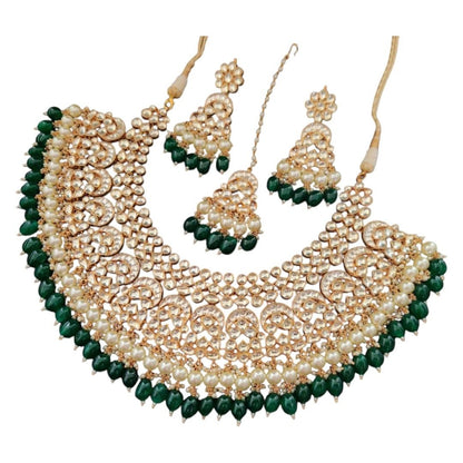 Bridal Kundan Choker Necklace Set with Green Beads & Pearls - Auraa Trends - Necklace Set -  - Auraa Trends - "Traditional bridal kundan choker necklace set with green beads, pearls, and matching earrings and maang tikka
