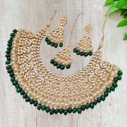 Bridal Kundan Choker Necklace Set with Green Beads & Pearls - Auraa Trends - Necklace Set -  - Auraa Trends - "Traditional bridal kundan choker necklace set with green beads, pearls, and matching earrings and maang tikka