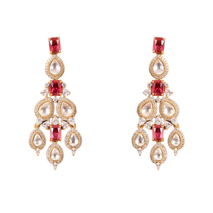 Bridal Kundan Choker Necklace Set with Ruby Red Stones & Earrings - Auraa Trends - Necklace -  - Auraa Trends - Traditional Indian bridal choker necklace set with ruby red and white Kundan stones in gold finish, paired with matching earrings