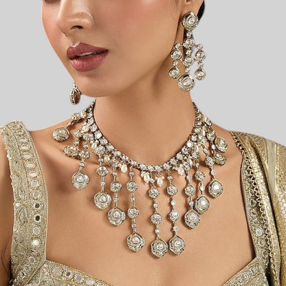 Bridal Kundan Gold - Plated Necklace Set with Earrings for Women - Auraa Trends - Necklace Set -  - Auraa Trends - "Bridal woman wearing gold - plated Kundan necklace set with matching earrings – Traditional Indian jewelry for weddings and festive wear"