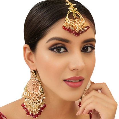 Bridal Kundan & Pearl Chandbali Earrings with Maang Tikka Set - Auraa Trends - Earring Set - # - Auraa Trends - Bridal Kundan & Pearl Chandbali Earrings with Maang Tikka Set