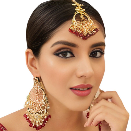 Bridal Kundan & Pearl Chandbali Earrings with Maang Tikka Set - Auraa Trends - Earring Set - # - Auraa Trends - Bridal Kundan & Pearl Chandbali Earrings with Maang Tikka Set