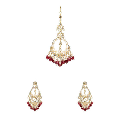 Bridal Kundan & Pearl Chandbali Earrings with Maang Tikka Set - Auraa Trends - Earring Set - # - Auraa Trends - Bridal Kundan & Pearl Chandbali Earrings with Maang Tikka Set
