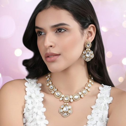 Bridal Kundan - Style White Stone Necklace Set with Earrings - Auraa Trends - Necklace Set -  - Auraa Trends - "Gold - plated kundan - style white stone necklace set with matching earrings, featuring oval and teardrop stones – ideal for bridal and festive ethnic wear."