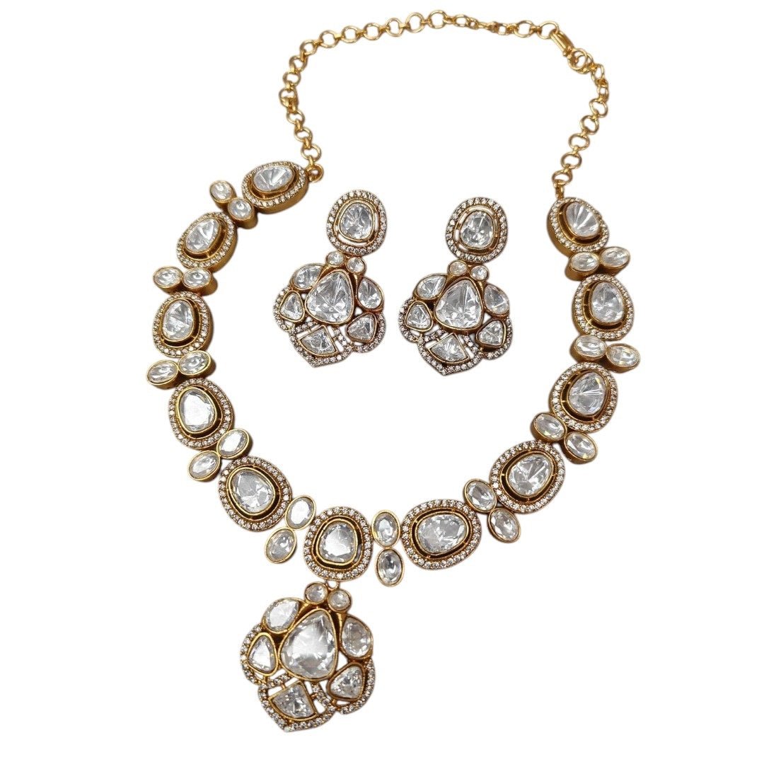 Bridal Kundan - Style White Stone Necklace Set with Earrings - Auraa Trends - Necklace Set -  - Auraa Trends - "Gold - plated kundan - style white stone necklace set with matching earrings, featuring oval and teardrop stones – ideal for bridal and festive ethnic wear."