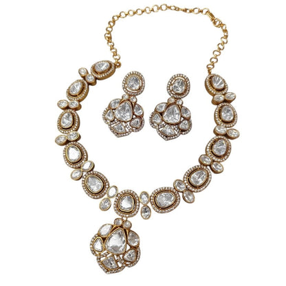 Bridal Kundan - Style White Stone Necklace Set with Earrings - Auraa Trends - Necklace Set -  - Auraa Trends - "Gold - plated kundan - style white stone necklace set with matching earrings, featuring oval and teardrop stones – ideal for bridal and festive ethnic wear."