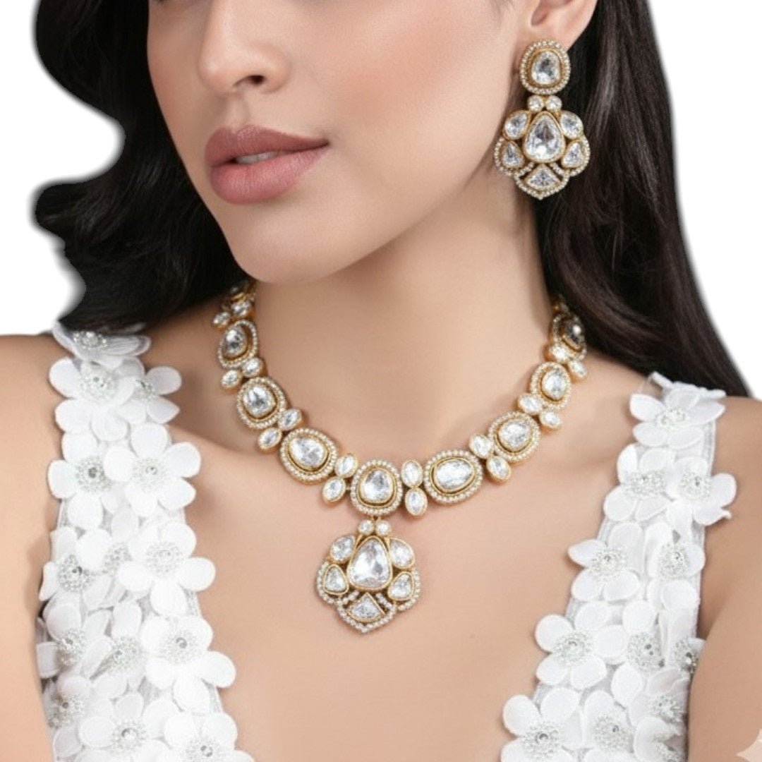 Bridal Kundan - Style White Stone Necklace Set with Earrings - Auraa Trends - Necklace Set -  - Auraa Trends - "Gold - plated kundan - style white stone necklace set with matching earrings, featuring oval and teardrop stones – ideal for bridal and festive ethnic wear."