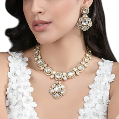 Bridal Kundan - Style White Stone Necklace Set with Earrings - Auraa Trends - Necklace Set -  - Auraa Trends - "Gold - plated kundan - style white stone necklace set with matching earrings, featuring oval and teardrop stones – ideal for bridal and festive ethnic wear."