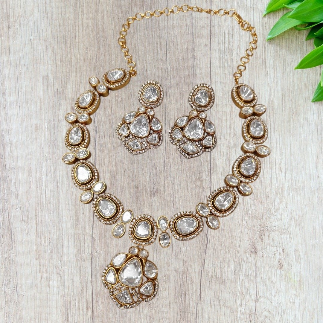 Bridal Kundan - Style White Stone Necklace Set with Earrings - Auraa Trends - Necklace Set -  - Auraa Trends - "Gold - plated kundan - style white stone necklace set with matching earrings, featuring oval and teardrop stones – ideal for bridal and festive ethnic wear."