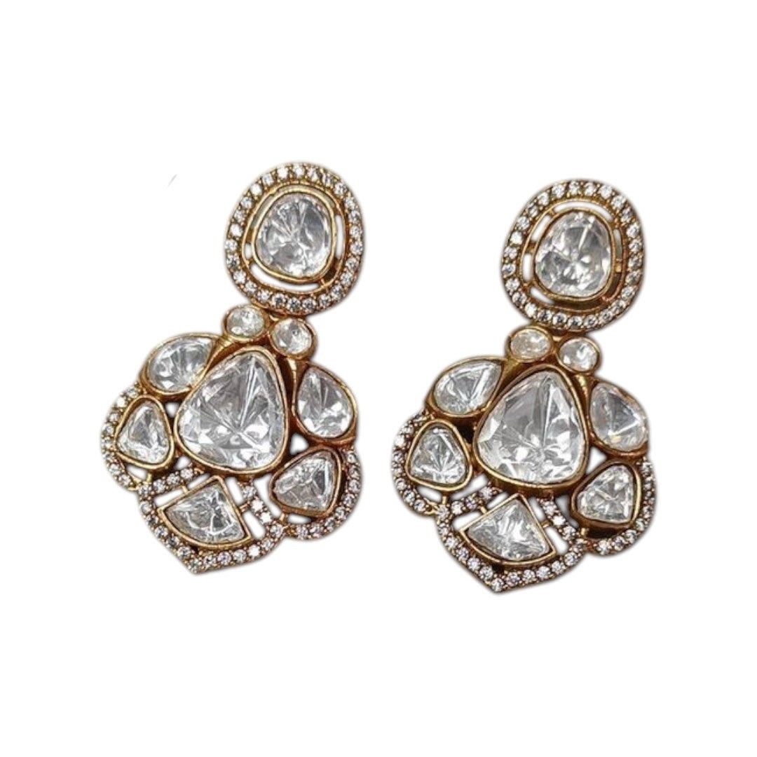 Bridal Kundan - Style White Stone Necklace Set with Earrings - Auraa Trends - Necklace Set -  - Auraa Trends - "Gold - plated kundan - style white stone necklace set with matching earrings, featuring oval and teardrop stones – ideal for bridal and festive ethnic wear."