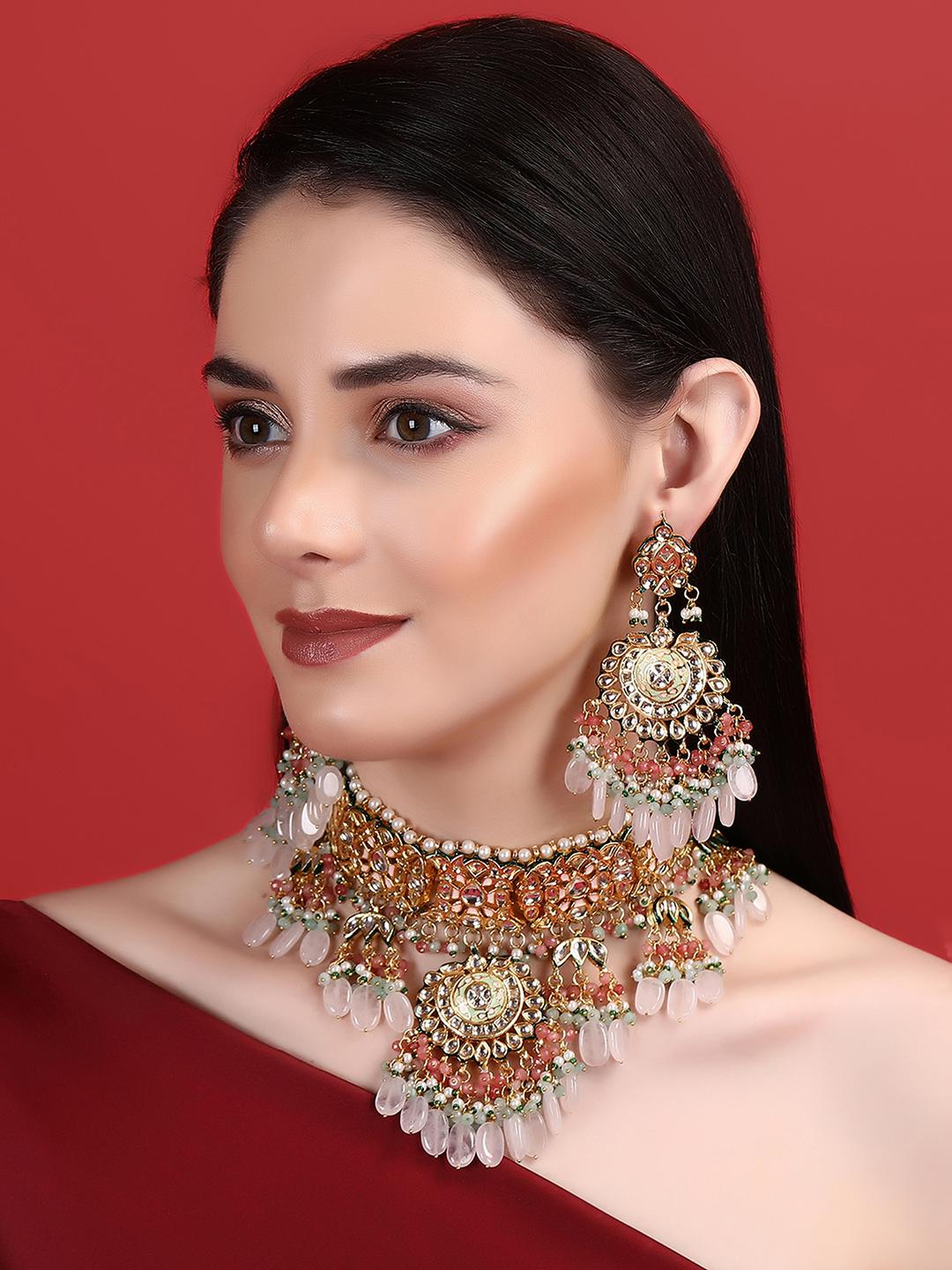 Bridal Pink Kundan Necklace Set - Auraa Trends - Necklaces - # - Auraa Trends - Bridal Pink Kundan Necklace Set