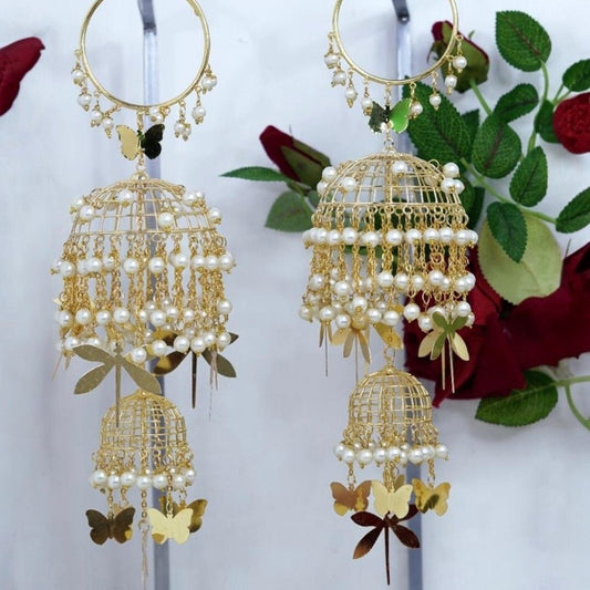 Bridal Punjabi Kalire with Pearls & Butterfly Charms Gold Plated Wedding Jewelry - Auraa Trends - Kaleere -  - Auraa Trends - "Bridal Punjabi kalire with pearls and golden butterfly charms" "Designer gold plated bridal kalire with cage design and pearl strings" "Handcrafted Punjabi wedding kalire with butterfly motifs" "Modern pearl and gold plated kalire for Indian bride"