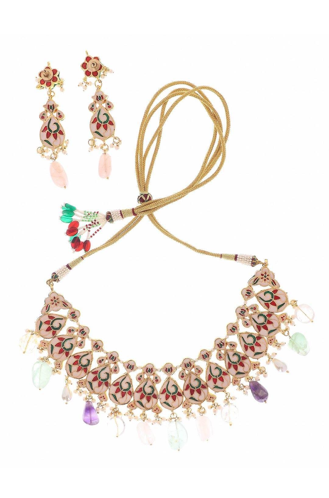 Multicolour Kundan Choker Necklace Set with Gemstone Drops
