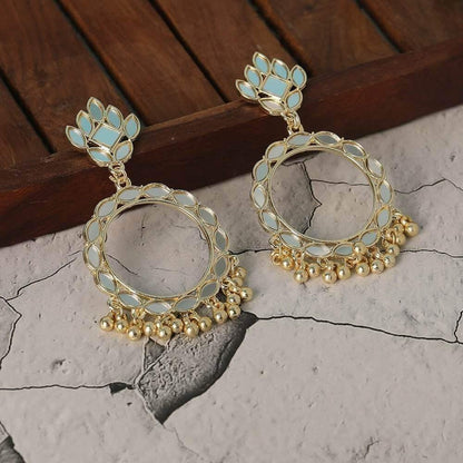 White enamel gold hoop earrings with ghungroo bead drops