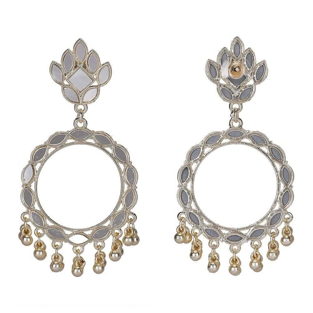 White enamel gold hoop earrings with ghungroo bead drops