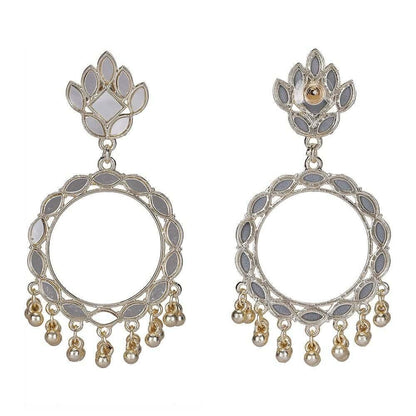 White enamel gold hoop earrings with ghungroo bead drops