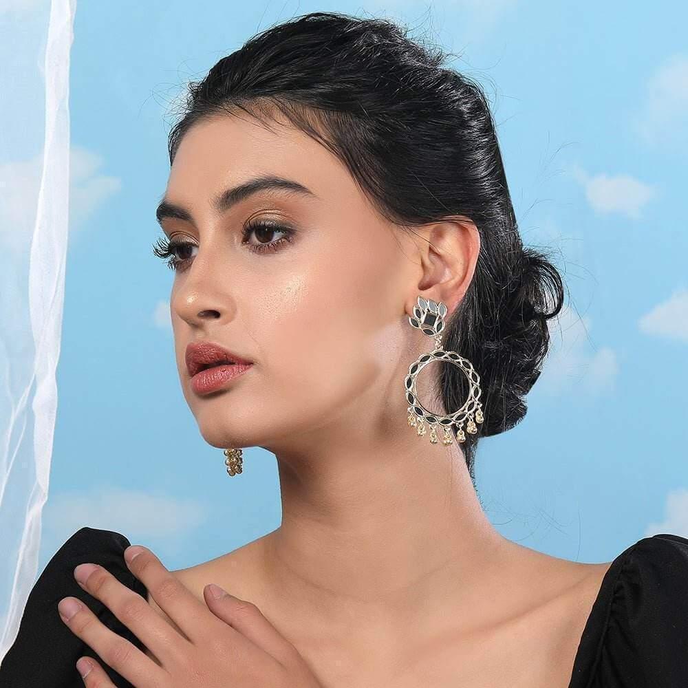 White enamel gold hoop earrings with ghungroo bead drops