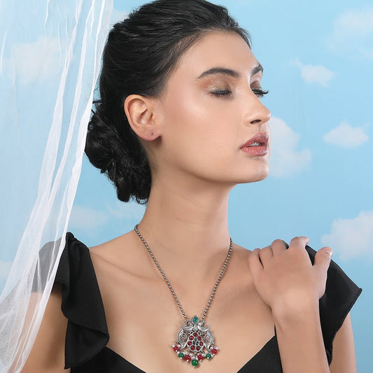 Buy Aviana Temple Style Silver Necklace with Red Green Beads - Auraa Trends - Pendant -  - Auraa Trends - Woman wearing oxidized silver temple necklace with red and green beads, traditional Indian ethnic jewellery