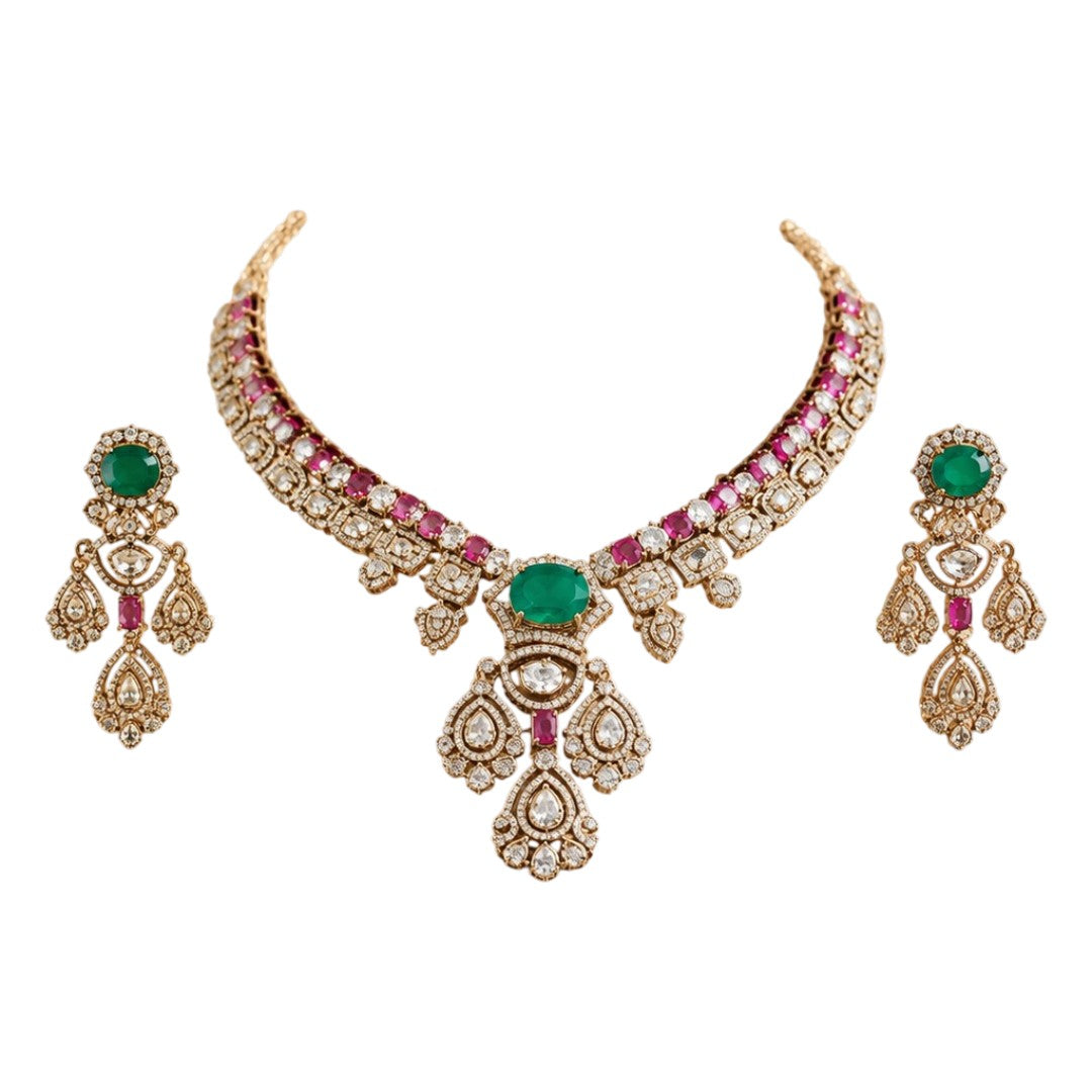 Gold-plated Kundan necklace set with green emerald-look center stone, pink ruby accents and matching American diamond earrings for bridal and wedding wear.