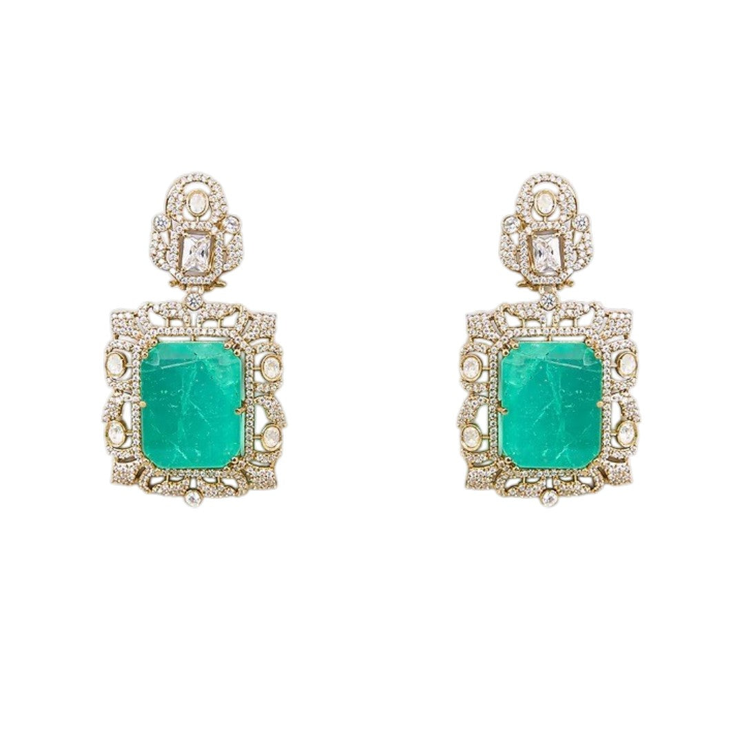 "Antique gold double-strand necklace with large emerald-cut pendant and polki stone detailing, matching drop earrings"