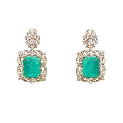 "Antique gold double-strand necklace with large emerald-cut pendant and polki stone detailing, matching drop earrings"