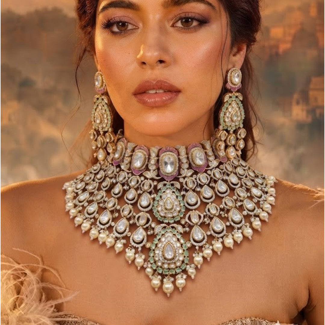 Antique Gold Kundan Meenakari Choker Necklace Set with Pink & Mint Enamel, Pearl Drops – Bridal Jewellery with Jhumka Earrings