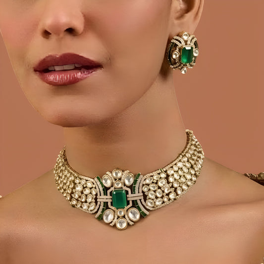 Gold finish kundan polki choker necklace with rectangular emerald green centre stone