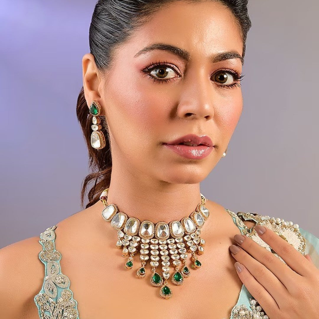 Kundan polki bridal necklace set with emerald green drops and matching earrings