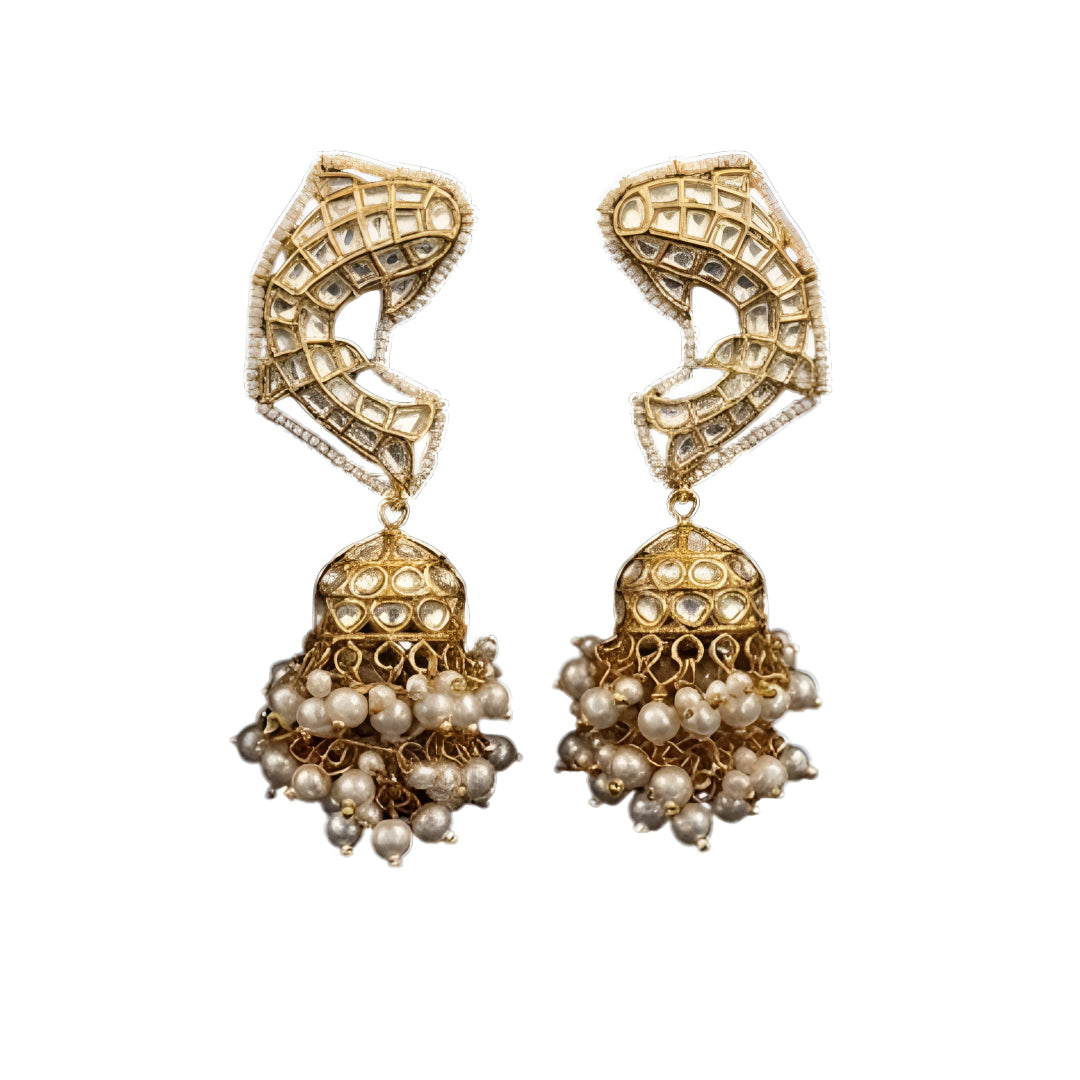 Gold-plated Kundan Jhumka earrings with pearl drops for women, traditional ethnic wedding and festive jewellery.