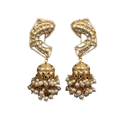 Gold-plated Kundan Jhumka earrings with pearl drops for women, traditional ethnic wedding and festive jewellery.