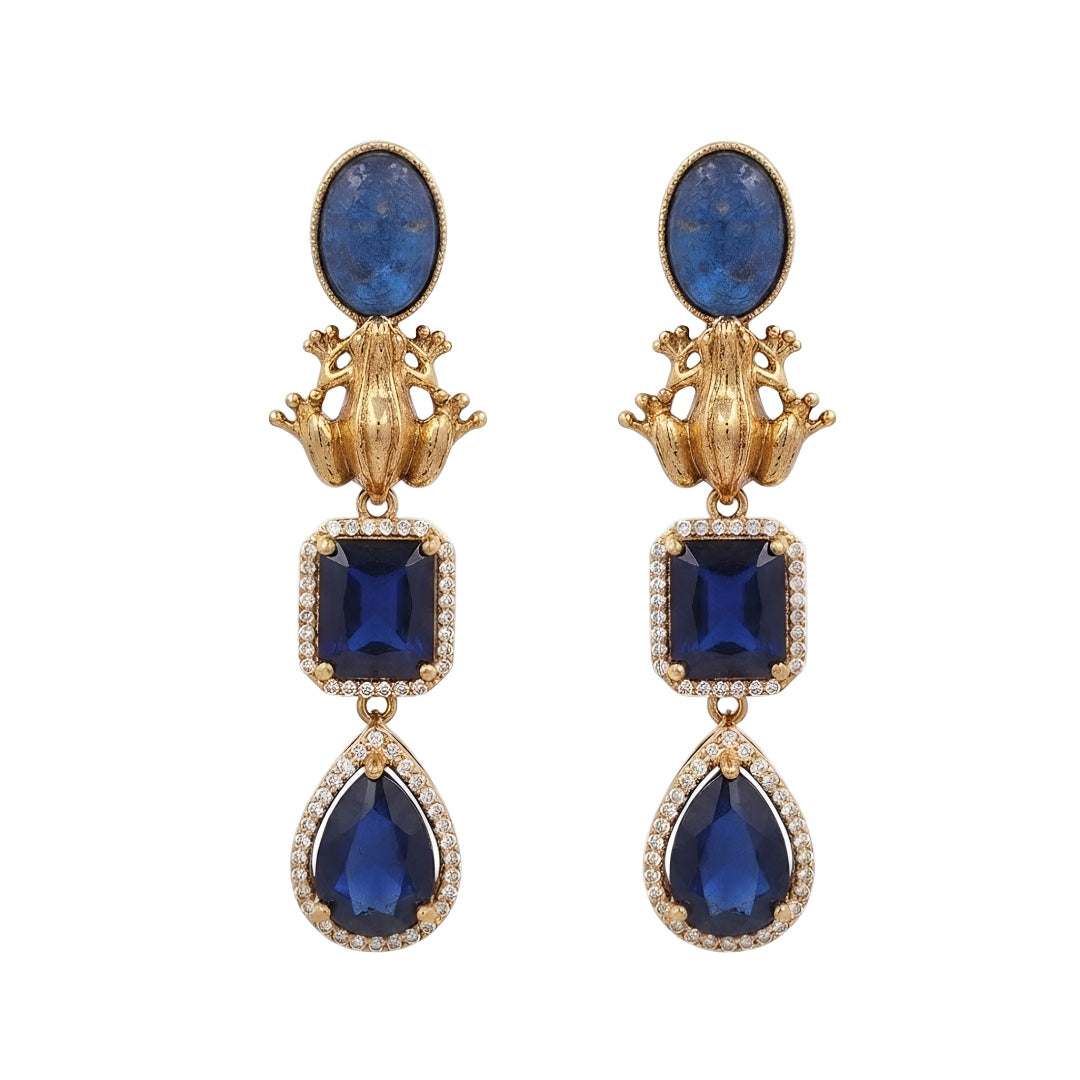 Antique gold-tone frog motif drop earrings with sapphire-blue stones and CZ halo detailing, front-facing pair