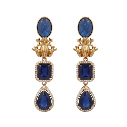 Antique gold-tone frog motif drop earrings with sapphire-blue stones and CZ halo detailing, front-facing pair