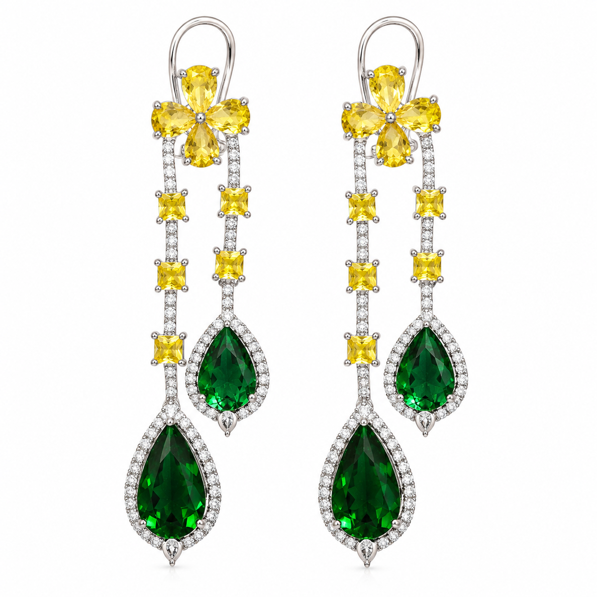Designer green and yellow CZ chandelier earrings for women.
