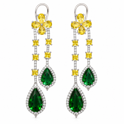 Designer green and yellow CZ chandelier earrings for women.