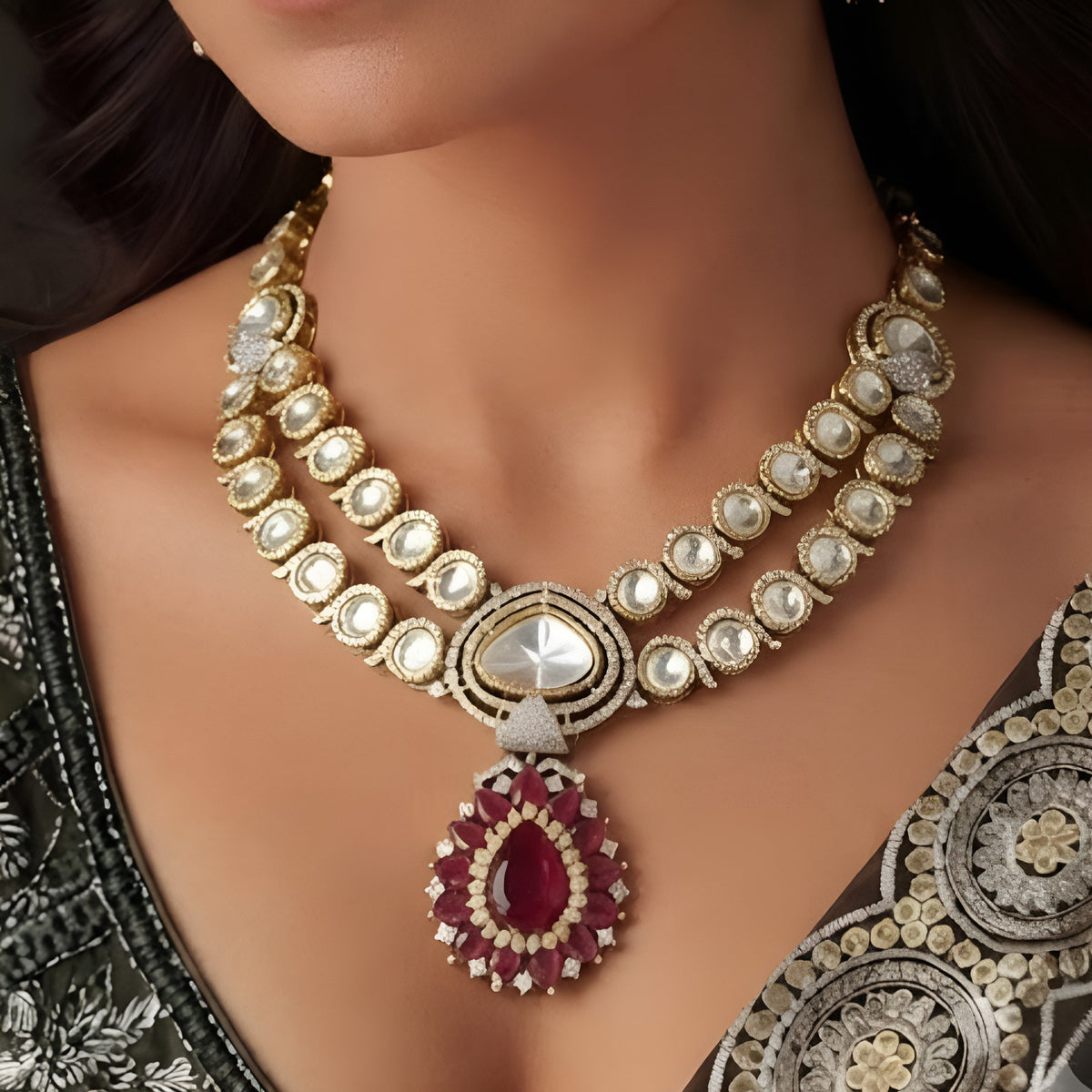 Antique gold two-strand polki kundan necklace with ruby red teardrop pendant on a display bust