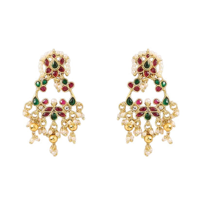 Traditional red green stone gold-tone choker necklace set with matching earrings