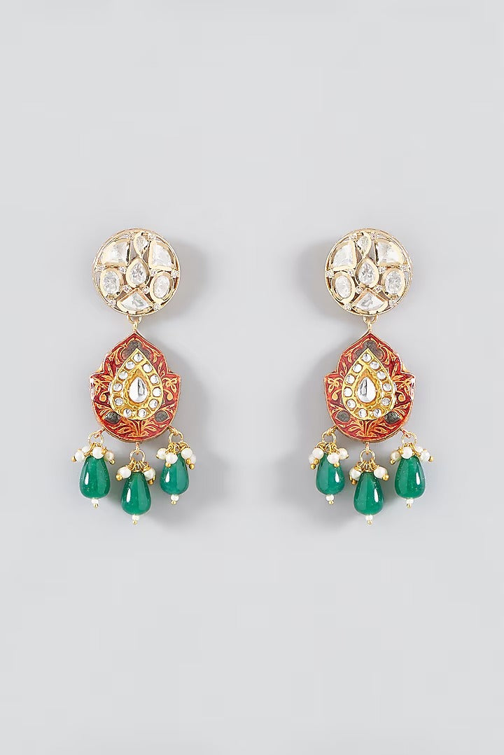 Meenakari Coin Pendant Pearl Necklace Set with Green Drops